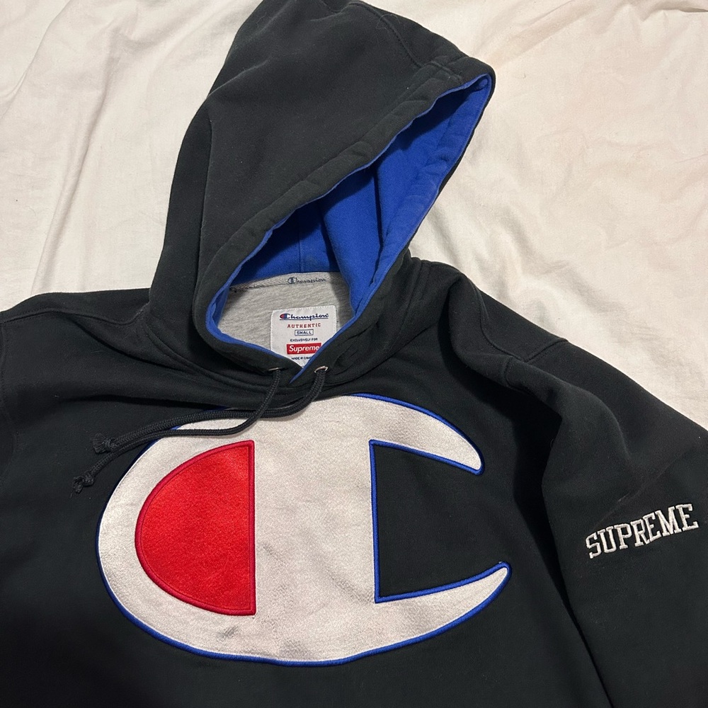Supreme X Champion Center Logo Hoodie Embroidered Pullover Black Adult small